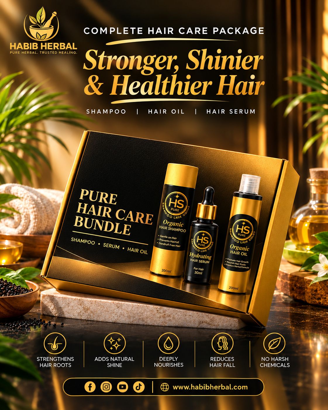 Habib Herbal HS Pure Organic Complete Hair Care Package – Shampoo, Hair Oil & Hydrating Serum